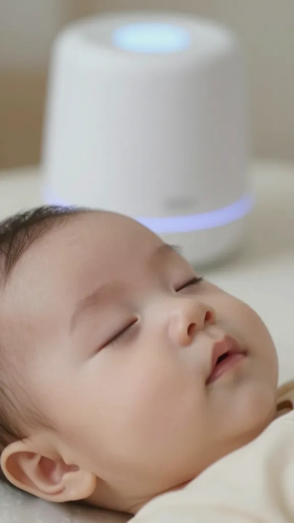 closeup of a baby’s peaceful face with a distant white noise machine glow in background