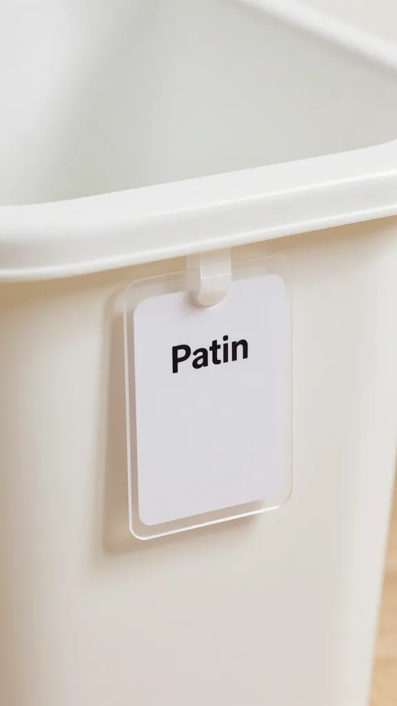 closeup of labeled diaper bin with clear, legible tags