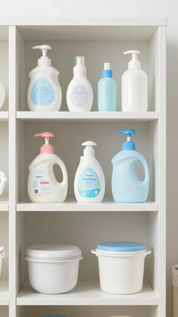 closeup of modular shelf unit with baby essentials organized