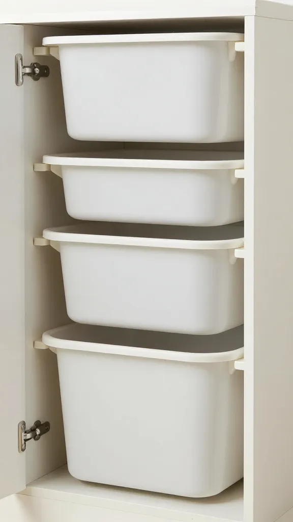 closeup of wall-mounted cubby with neatly stacked storing bins