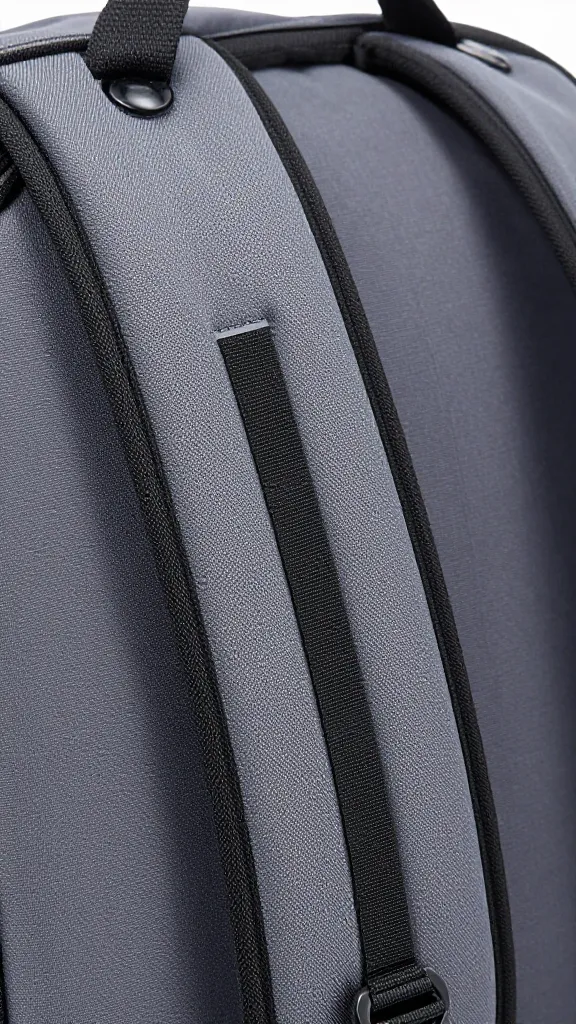 closeup of padded backpack strap against fabric, showing breathable back panel